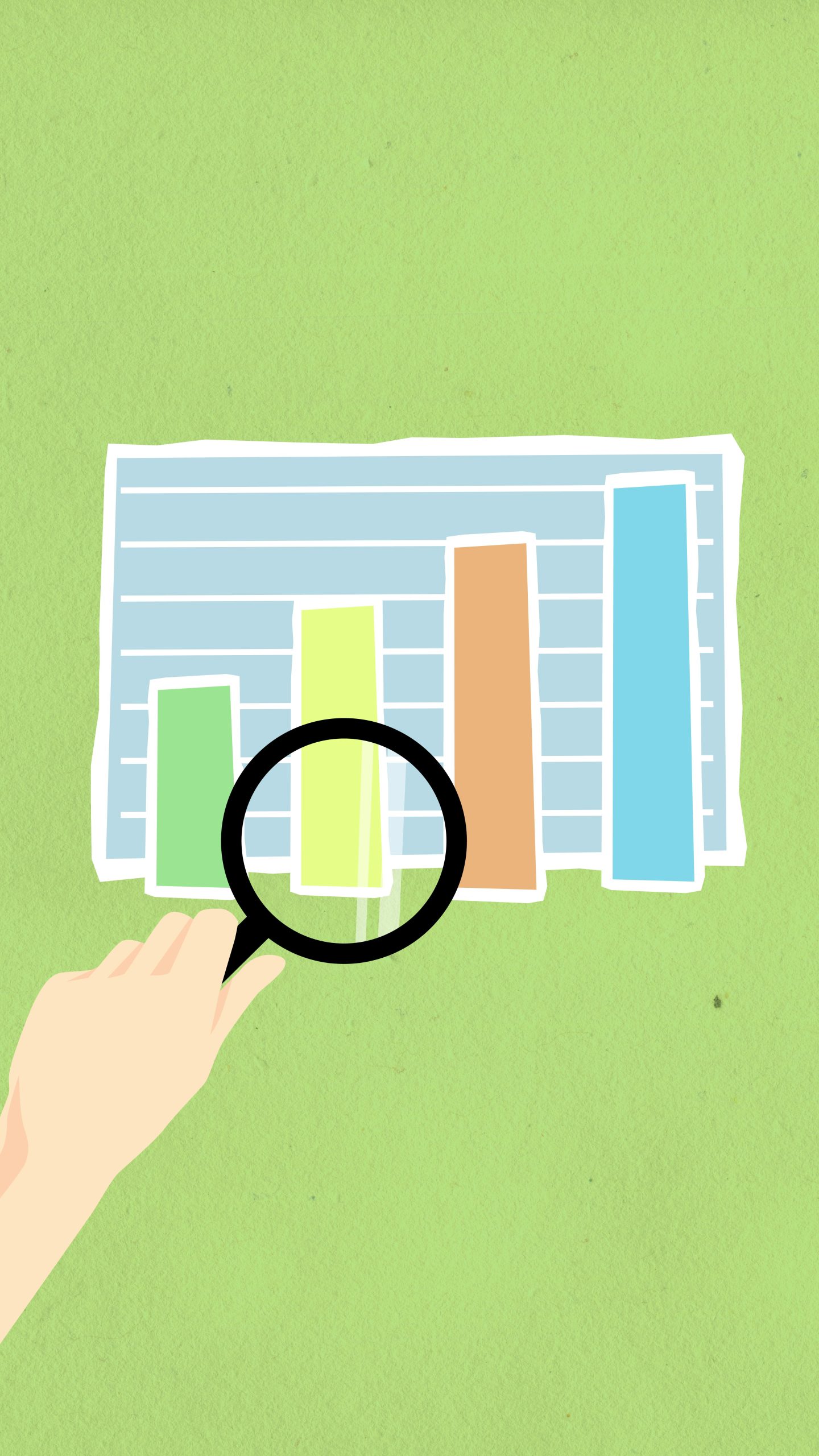 Top view of decorative cardboard illustration of hand with magnifying glass above diagram with columns on green background